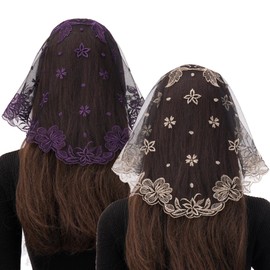 Bozidol 2 Pack Floral Mantilla Veils for Church Catholic, Small D Shaped Camellia Flower Embroidered Lace Chapel Veil, Prayer Latin Mass Head Coverings for Women