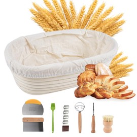 Sourdough Bread Baking Accessory Set Oval Proofing Basket 10 Inch Rattan with Liner Dough Scraper Brush Double Loop Whisk Bamboo Brush Sourdough Starter Kit Bread Pan Banneton Basket