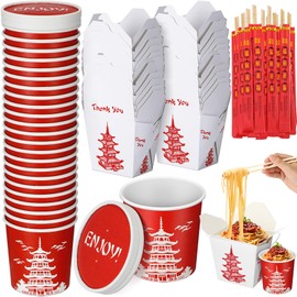 Zubebe 24 Set 32 oz Chinese Take out Box, Bamboo Chopstick 12 oz Soup Containers with Lids, Takeout Food Containers Boxes Disposable Bowls Ice Cream Cup Chop Stick Bulk for Restaurant Party Favor