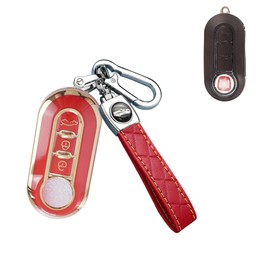 SANRILY Golden-edge 3 Button Key Fob Cover for Fiat 500 500C 500L 500X Keyless Full Protection Key Case Shell with Leather Keychain Red