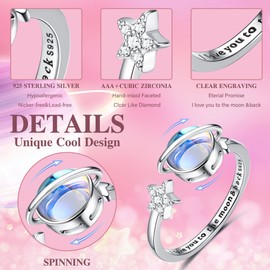 KRFY 925 Sterling Silver Anxiety Fidget Rings for Women 18K White Plated Moonstone CZ Open Ring for Anti Stress Adjustable Star Moon Spinner Ring Fidget Ring for Anxiety Women