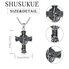 Shusukue Black Saint Amulet Cross Necklace 925 Silver Cross Chain Necklace Jewellery Small Gift, Sterling Silver