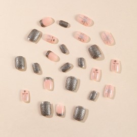 24 Pcs Christmas Press on Nails Short Square French Tip Fake Nails with Elk Glossy Full Cover Glue on Nails Gold Glitter Nail Tips Christmas Artificial False Nails for Women Winter Acrylic Nails Decor