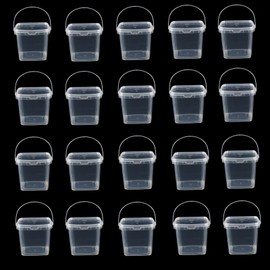 Lobergel 20PCS 10oz Slime Containers with Lids, Squre Clear 280ml Plastic Jars with Handle, Ice Cream Rum Buckets Food Storage Pail Tub for DIY Art Craft Tools Beach Parties