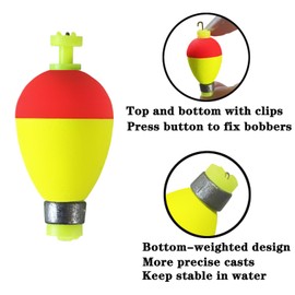 Bombite Fishing Bobbers Floats,10 Packs Weighted Bobbers for Fishing Foam Snap-on Fishing Floats Ball Oval Fishing Corks Bluegill Crappie Panfish Bass Trout Oval-Shape 1.75 in