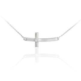 925 Sterling Silver Small Curved Diamond Pendant Sideways Cross Necklace (16" Chain)