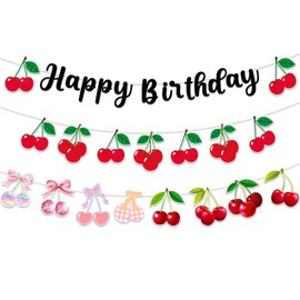 Kirsch-Geburtstagsparty-Dekorationen, Happy Birthday-Banner, süße Kirschfrucht-Motive, hängende Wirbel, Hintergrunddekoration, Mädchen und Frauen, Gastgeschenke für Junggesellinnenabschiede, Babypart