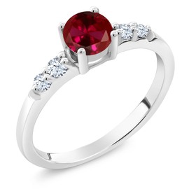 Gem Stone King 925 Sterling Silver Round Red Created Ruby and White Created Sapphire Women Engagement Ring (0.77 Cttw, Available In Size 5, 6, 7, 8, 9)