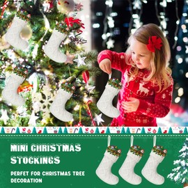 Pack of 12 Mini Knit Christmas Stockings 6 Inch Knitted Xmas Stockings Family Stockings Holiday Hanging Stockings Cable Knitted Stocking Gifts Decorations for Fireplace Tree Decor (White)