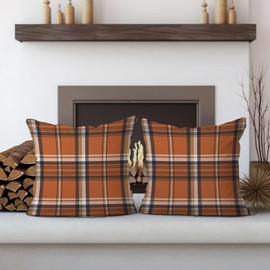 AOFANGGO Fall Plaid Pillow Covers 18x18 Set of 2 Orange Brown Buffalo Plaid Tartan Print Autumn Themed Decorative Throw Pillows Outdoor Pillowcase Square Linen Farmhouse Cushion