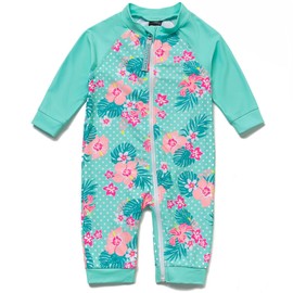 BONVERANO Little Girls' Swimming Costume One Piece Extra Long Zip with Swimming Cap UV Protection 50+, Green (green flower)