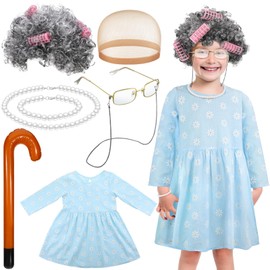 Yaomiao 8 Pcs Old Lady Costume Set for Girls 100th Day of School Toddler Old Grandma Costume Accessories for Girls 100 Days(Fresh,4-5 Years)