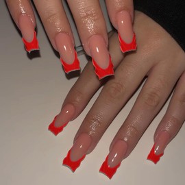 MISUD Press on Nails - Long Square Glue on Nails with Red French Tip, Acrylic Handmade 3D Gel Design 24 pcs