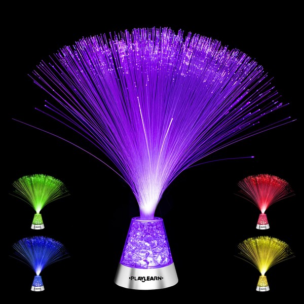 Playlearn 13” LED Fiber Optic Lamp - USB/Battery Powered – Color Changing Crystal Base – Fiber Optic Light Sensory Lamp