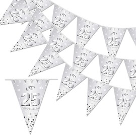 DPKOW 25th Silver Wedding Garland Banner, 25th Anniversary Bunting Silver Wedding Decoration 25th Wedding Anniversary Pennant Triangle, 4.7m Indoor Outdoor Hanging Decoration for Silver Wedding