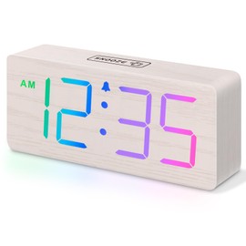 DreamSky Wooden Digital Clock for Bedroom Desk - RGB Loud Alarm Clock for Heavy Sleepers with Volume Control, Large Numbers with Dimmer for Living Room Office, Wood Decor (Adapter Powered)
