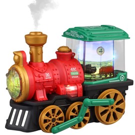 Miracland Retro Steam Train with Mist Spray Function, Vintage Steam Locomotive Toy Mist Spray Train Toy Spray Water Mist Train with Universal Wheel, Lights & Music and Rotary Carriage (Red)