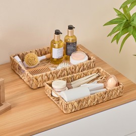 Hand-Weaving Wicker Serving Tray with Handle, Natural Grass Weaving for Storage or Decoration, Set of 2 Rectangle