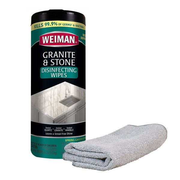 Weiman Granite Cleaner Wipes - 30 Count and Microfiber Cloth - Enhances Natural Color in Granite Quartz Marble Soap Stone Counter Top Floor - Packaging May Vary