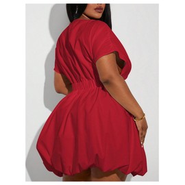 WDIRARA Women's Plus Size Deep V Neck Bubble Dress Short Sleeve A Line Mini Dresses Red 3X-Large Plus
