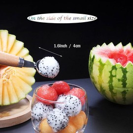 Double Melon Baller Wood Handle,Melon Baller Silver for fruit and veggie prep,Edges are sharp enough to scoop fruit but safe to touch,Soft, comfortable, non-slip handle, 9 In (Brown)