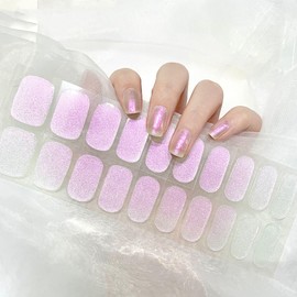22 PCS Semi Cured Gel Nail Strips (Aurora Pink) - Need UV Light | Glitter & Glossy | Easy to Apply | Salon Design | Long Lasting - Include 2 Wiping Paper, Nail File & Wooden Stick