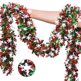 Mega-L Christmas Tinsel Garland Decorations, 26.25Ft Red Silver Green with Snowflake Chunky Glittery Holiday Hanging Tinsel Decorations for Christmas Wedding Birthday Party Supplies Home Decor