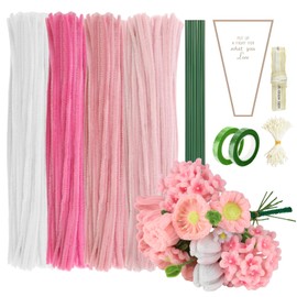 CYIOU Pfeifenreiniger Set 400 Stück Pfeifenputzer zum Basteln Rosa Weiß Pfeifenreiniger Blumen Pfeifenputzer DIY mit 2 Pcs Floristenband 30 Pcs Blumendraht zum Basteln 100 Pcs Blütenstempel(Rosa/Weiß)