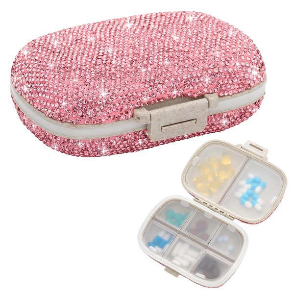 Soleebee Diamond Pill Box with 8 Compartments, Bling Small Pill Box 7 Days Mini Pill Box Portable Pill Box Tablets Medicine Vitamin Organiser for Outdoor Sports Camping Travel (Pink)