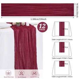 12 Pack Burgundy Cheesecloth Table Runner,10FT Gauze Boho Long Easter Cheesecloth Table Runners 20x120inch Rustic Cheese Cloth Table Runner for Wedding Party Bridal Shower Table Fall Decorations
