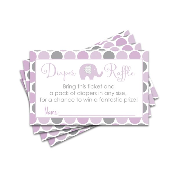 Paper Clever Party Purple Elephant Diaper Raffle Tickets for Baby Shower Games, Invitation Insert Cards, 2x3.5, 25 Pack
