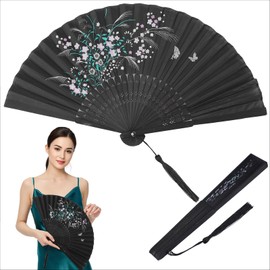 HJZHII Folding Hand Fan for Line Dancing, Boots on the Ground Fan Foldable Craft Handheld Popping Fans Chinese Style with Tassel for Photo Props Dance Music Festival Party, Black