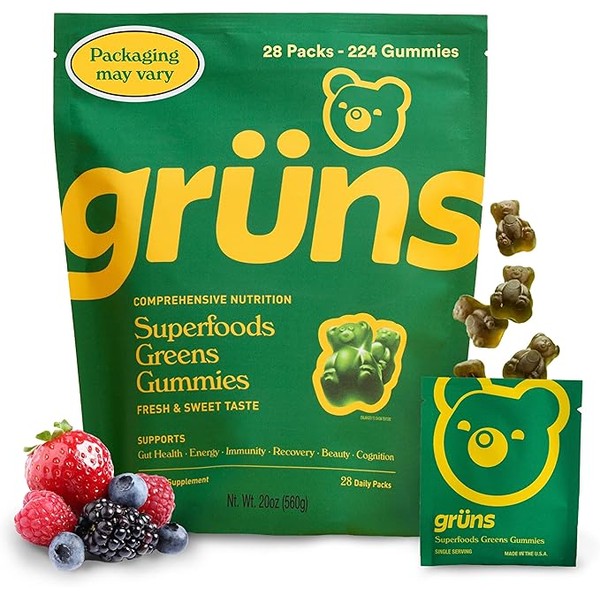 Gruns Adults Super Greens Gummies, Superfood Gummy Bears with Spirulina,