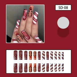Christmas Press on Nails Cute Elk Snowflake Stripe Design Fake Nails Glossy Red White False Nails with Glue on Nails Long Square Artificial Nails Reusable Stick on Nail for Women Holiday Manicure24pcs