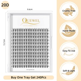 QUEWEL Cluster Lashes 240Pcs Individual Lashes 20D 0.07C Curl 15mm Knot-Free Lash Extensions Clusters Lashes Soft&Natural False Eyelashes Individual DIY Eyelash Extension at Home(20D 0.07C 15)