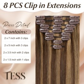 TESS Clip in Hair Extensions Real Human Hair Highlighted Remy Seamless 8 Pieces Straight for Women/Girls (#4P27 Medium brown＆Dark blonde, 16 Inch 65g)