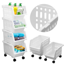 Skywin Plastic Stackable Storage Bins - 4 Pack Small Open Front Storage Bins For Toy Organizers and Storage Bins For Pantry, Kitchen, and Bathroom Essentials (White)