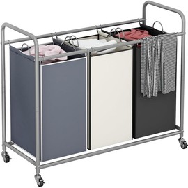 INGIORDAR 3-Bag Laundry Cart with Lockable Wheels & Removable Bags, Durable Metal, Efficient Sorting & Storage Organiser Basket for Laundry Room - Color: Assorted