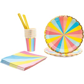 40 Piece Party Tableware Set - Includes 10 Plates, 10 Cups, 10 Napkins and 10 Straws (Rainbow Design)