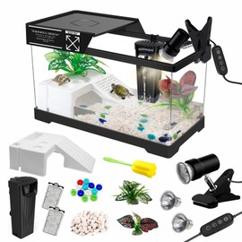 GOZILLA Turtle Tank Kit(Tank+Lamp+Filter), Upgrade PC Turtle Tank Starter Kit with Adjustable Lamp & Filter, Reptile Habitat with Lid, Basking Platform for Small Reptiles.(15.75 × 7.9 × 9''/Black Kit)