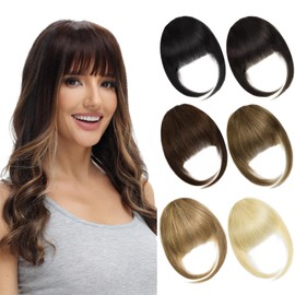 BUYOGET Clip in Fringe Human Hair Extension Natural Light Brown Straight Remy Fringe Clip on Bangs Hair Clip for Women Girls