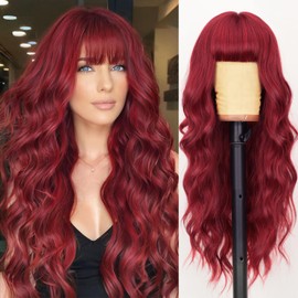 AISI HAIR Red Wig with Bangs Long Wavy Synthetic Wig for Women Daily Party Use