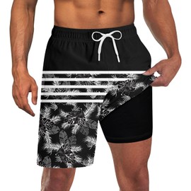 UNICOMIDEA Men Bathing Suits with Compression Liner Tropic Palm Swimming Trunks Men's Cycling Board Shorts 9" Black White Quick Dry Swimwear Travel Lightweight Beach Shorts XXL