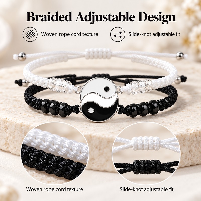 Matching Yin Yang Friendship Bracelets for 2, Adjustable Black and