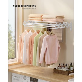 SONGMICS Clothes Drying Rack, Wall-Mounted Drying Rack Clothing, Accordion Laundry Rack, 9 Staggered Hanging Rods, Expandable and Retractable, Steel, Cloud White ULLR806W01
