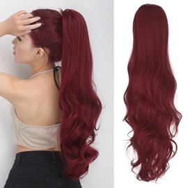 JHZSJF Red Ponytai Extension, Long Wavy Drawstring Pony Tail For Black Women Natural Synthetic Heat Resistant 24" 5.6 OZ Pony Tail Hair Extensions For Women Girls 【Claret】