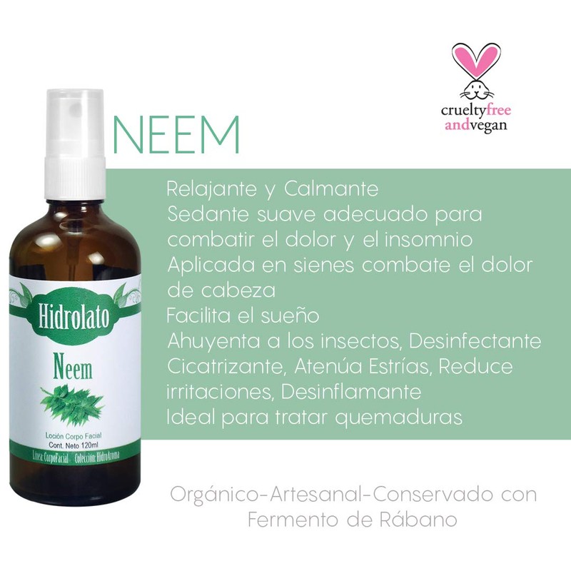 Hidrolato de Neem Orgánico, Anti-Acné, Artesanal, Hidrosol para Rostro, Cuerpo