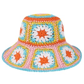 Multicolor Floral Crochet Straw Sun Hat Foldable Packable Wide Brim Bucket Hat Summer Beach Hat for Women (US, Alpha, One Size, Pink)