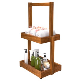 promitop Teak Bathroom Shelf Towel Holder - 2 Tier Use as Shower Caddy Towel Organizer Stand Toilet Paper Storage Fruit Basket with Non-Slip, Durable for Bathroom Livingroom Kitchen