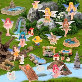 AIHSUMC 28 Pcs Fairy Garden Accessories Miniature Fairy Resin Figures Garden Kit, Fairy Tiny House Mushroom House Figurines Animals Fake Pond Lawn Bridge Micro Landscape Ornaments for Home Garden